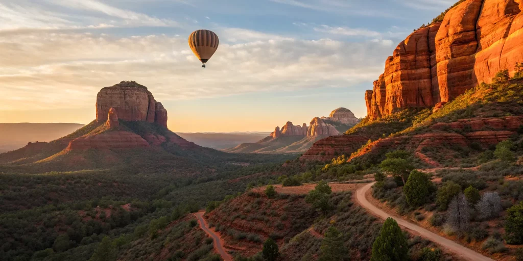 Hot air balloon over Sedona's red rocks, a unique bucket list activity in Arizona.