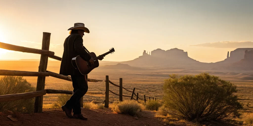 An Arizona cowboy singer plays guitar in front of Monument Valley at sunset.