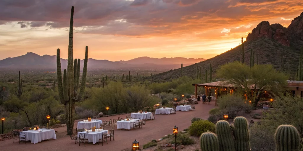 A corporate event at an outdoor Arizona venue with desert cacti and a sunset.