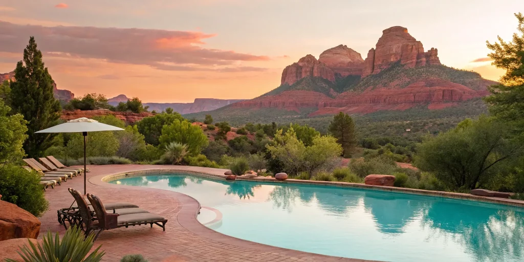 Poolside view of the scenic red rocks at one of the best resorts in Cottonwood, AZ.