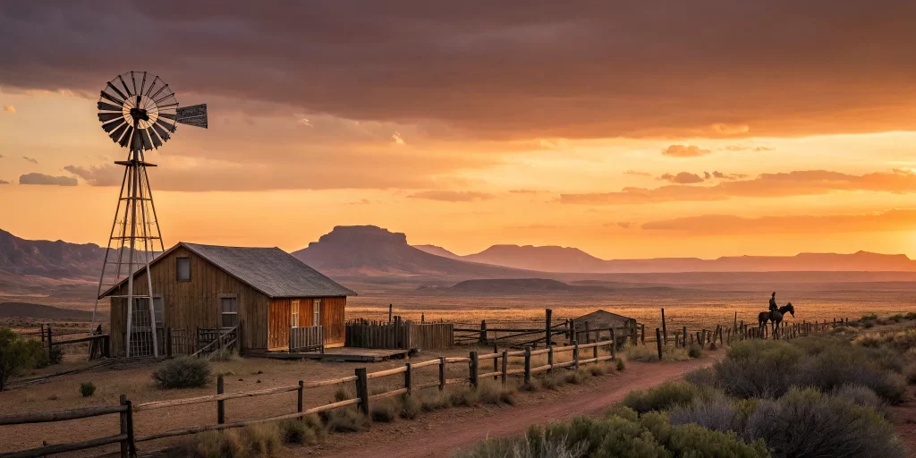 Special event venue in Arizona with a rustic barn and windmill at sunset.