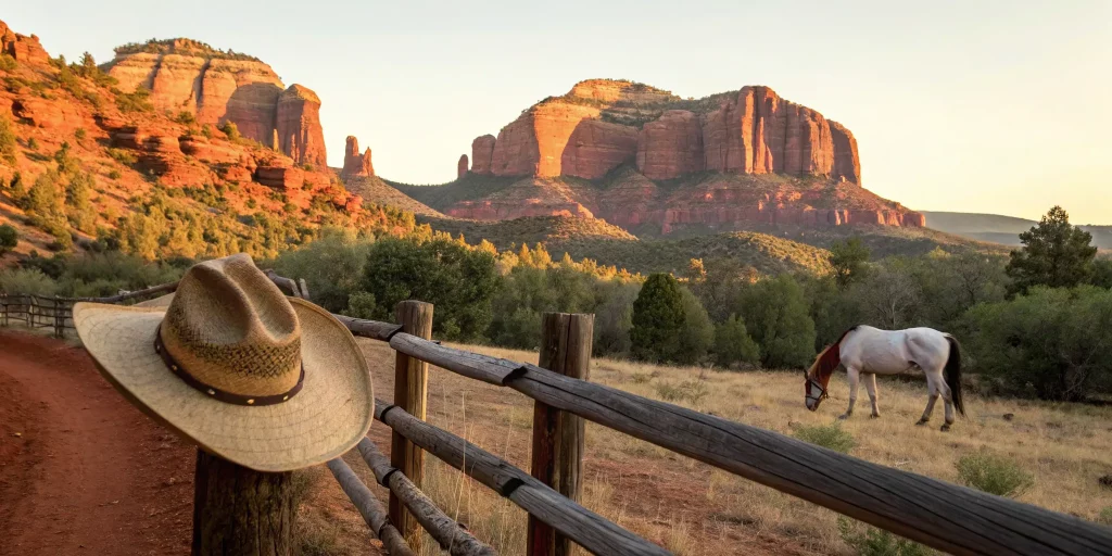 Western entertainment in the Sedona area with a cowboy hat, horse, and red rocks at sunset.