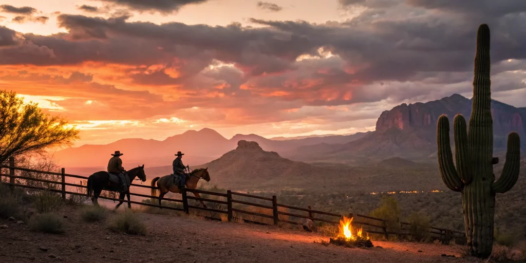 Western-themed Arizona corporate retreat ideas with cowboys on horseback at sunset.