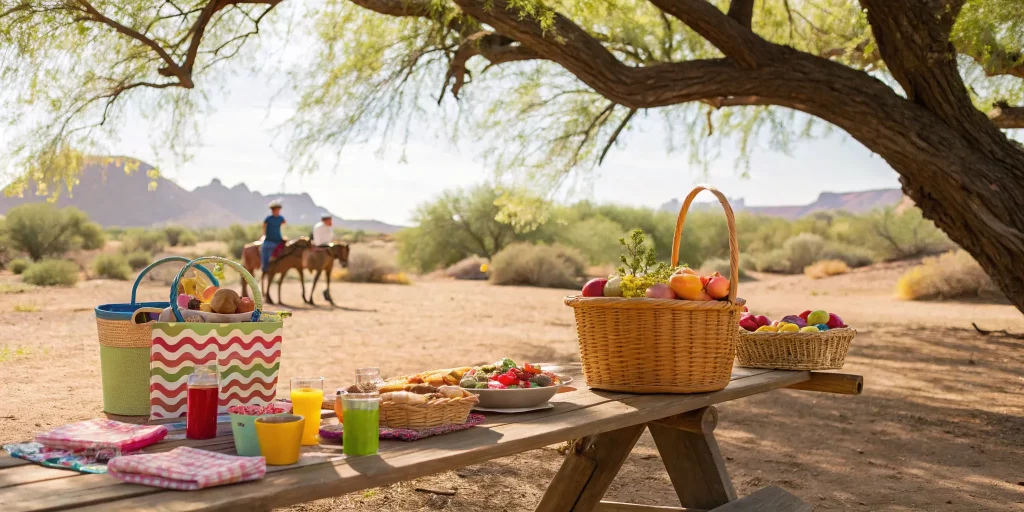 An Arizona company picnic idea with a catered table set up for a team in the desert.